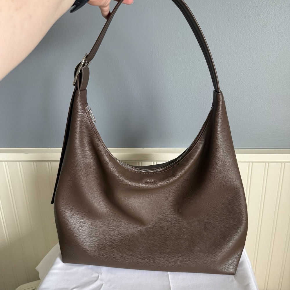 BAGGU Recycled Slouchy Leather Shoulder Hobo Bag Purse Dark BROWN Large